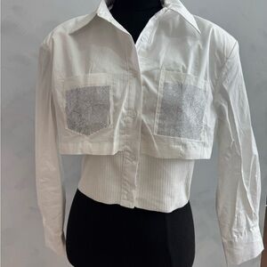 White Cropped Button-Up Top with Rhinestone Pocket Details